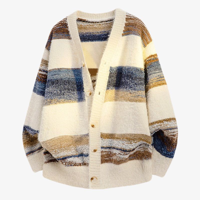 „Plus-Size-Strickjacke mit Farbverlaufsstreifen für Herren – Pullover mit V-Ausschnitt und offener Vorderseite_voghion.com