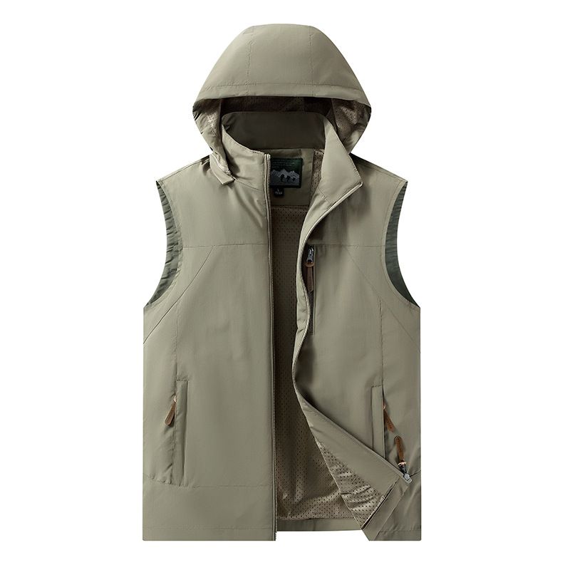 Leichte Kapuzenweste für Herren – Atmungsaktive ärmellose Jacke aus Polyestercord für Outdoor- und Freizeitkleidung (Zweireiher, Reißverschlusstaschen, gestreift)_voghion.com