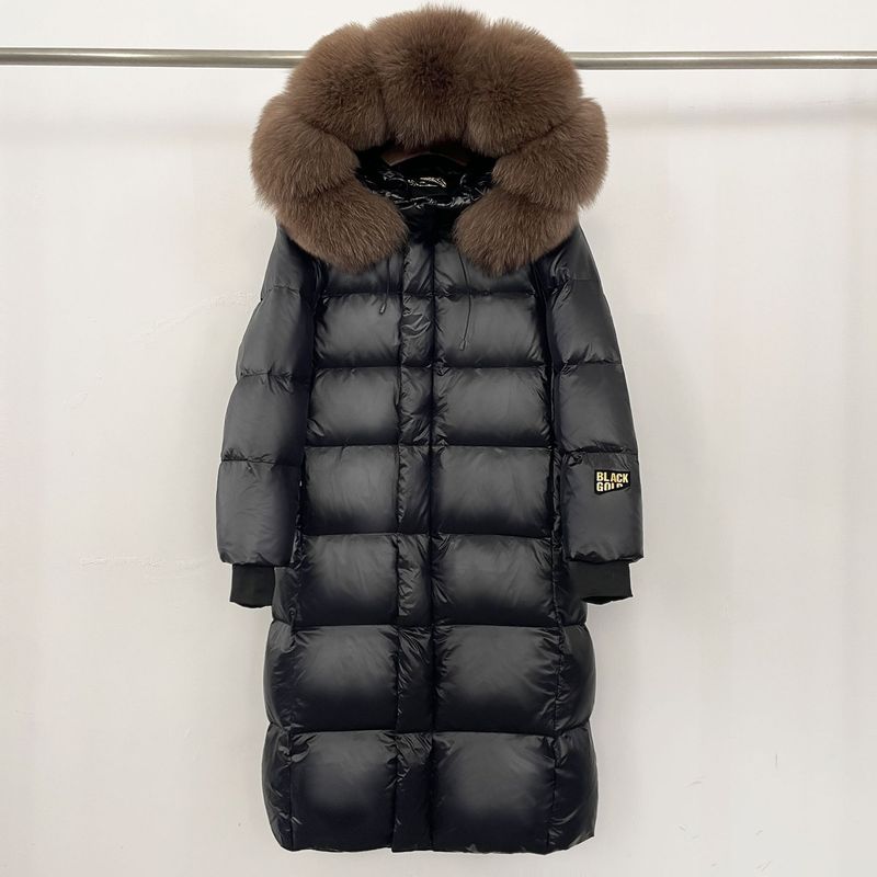 Abbigliamento da donna Cappotto in piumino d'oca Premium Gold Parka lungo extra caldo con cappuccio in pelliccia staccabile Soprabito invernale con lussuosa rifinitura in pelliccia di volpe/procione_voghion.com