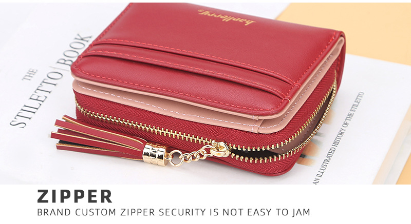 Portefeuille court pour femmes, version baellerry, avec plusieurs fentes pour cartes, porte-monnaie pour permis de conduire, sac pour femmes à bouton pompon à la mode_voghion.com