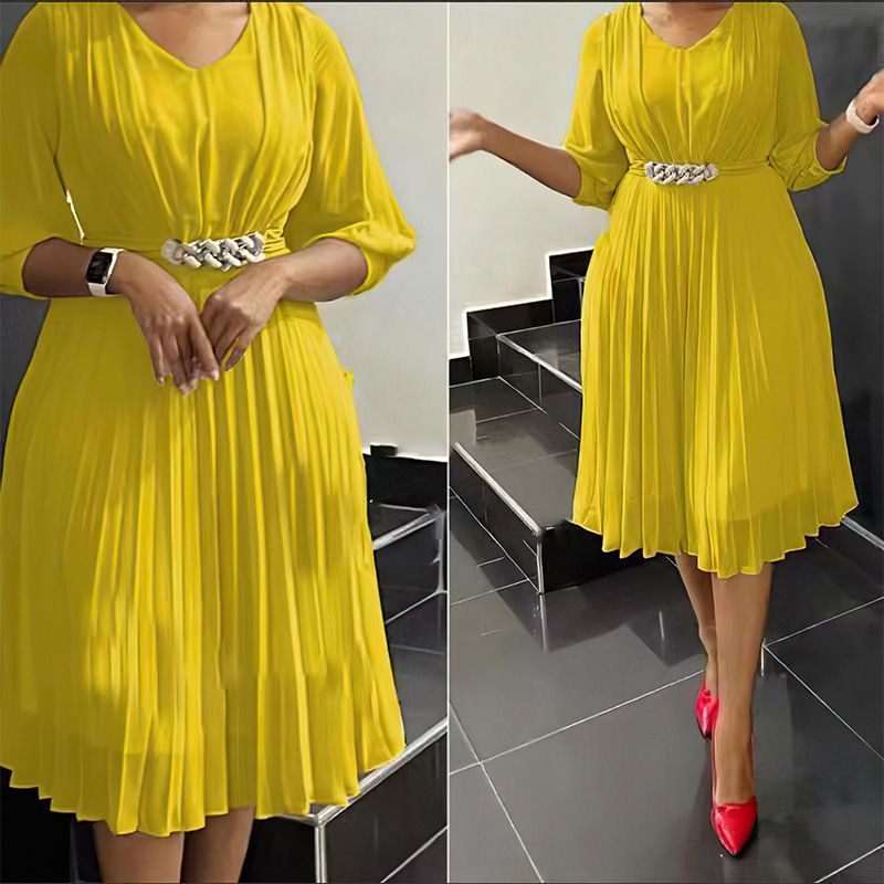 Gonna a pieghe a maniche lunghe e lunghezza media, abito a pieghe tinta unita con orlo largo, di abbigliamento femminile_voghion.com