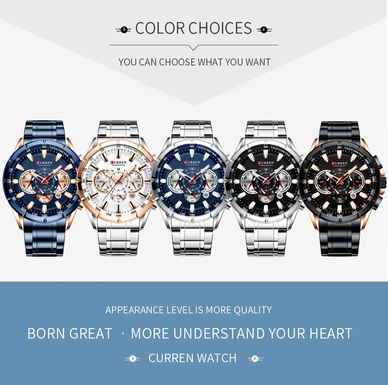 CURREN Orologio da uomo Cronografo sportivo casual Cinturino in acciaio inossidabile Quadrante grande nero Orologio impermeabile al quarzo Dis. luminoso_voghion.com