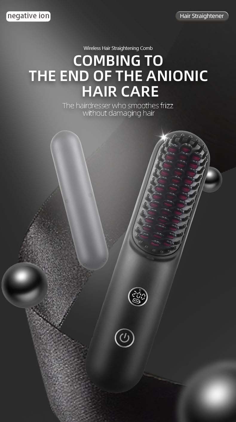 Wireless Ionic Straightening & Styling Brush – 2-in-1 Detangling & Curling, LCD Temperature Display, Fast USB-C Charging, Travel-Friendly_voghion.com