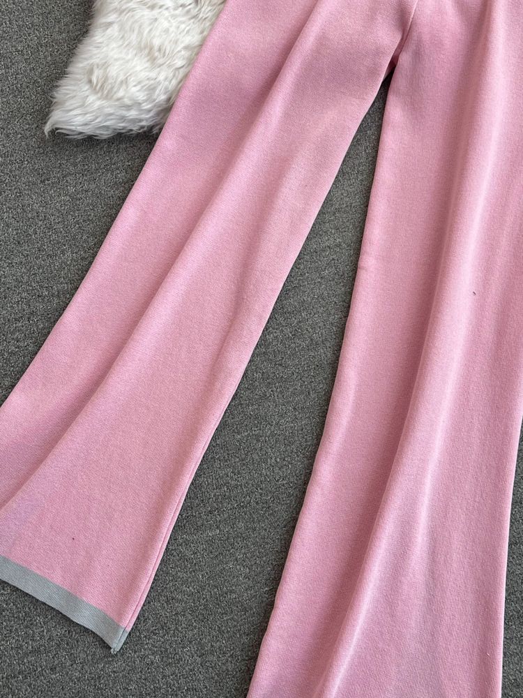 2024 Nuevo traje de moda para mujer primavera estilo coreano cuello en V suelto contraste de color tejido de dos piezas cintura alta pantalones de pierna ancha_voghion.com