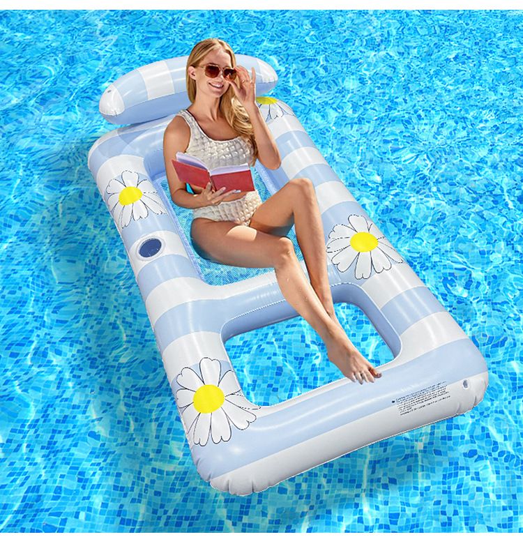 Poltrona gonfiabile a righe quadrate con seduta in rete e poggiatesta - Galleggiante singolo in PVC per piscina per adulti (fondo antiscivolo ad asciugatura rapida)_voghion.com