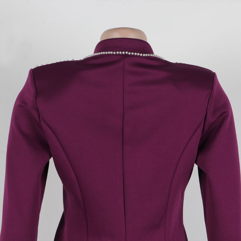 Traje de dos piezas ajustado de manga larga con perlas para mujer_voghion.com