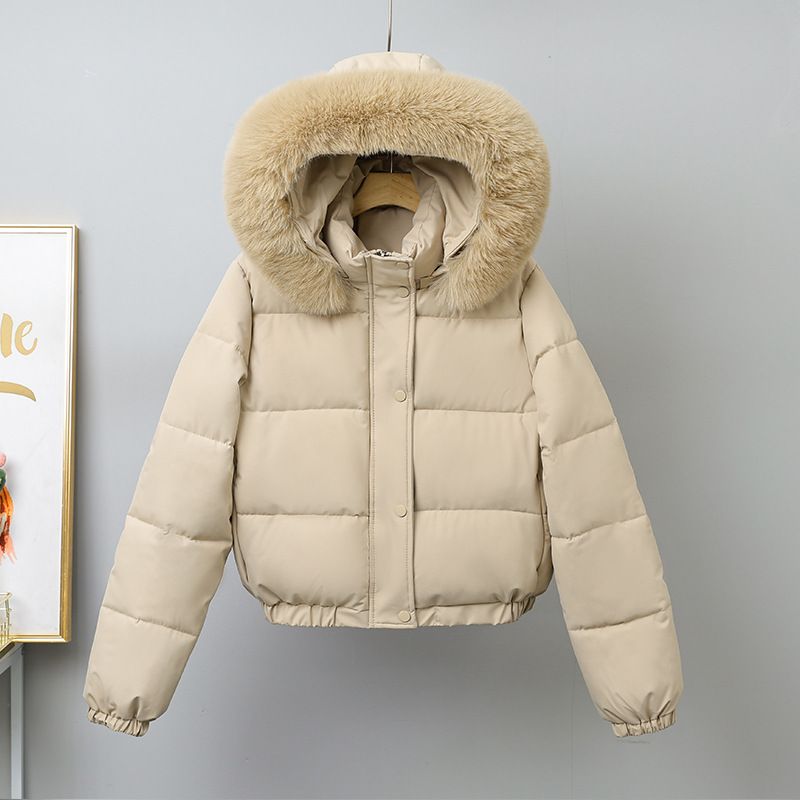 Damenbekleidung Kurze Pufferjacke für Damen mit Kunstpelzbesatz, Wintermantel mit Fleecefutter, übergroßer Parka mit Kapuze für Freizeit und Pendeln_voghion.com