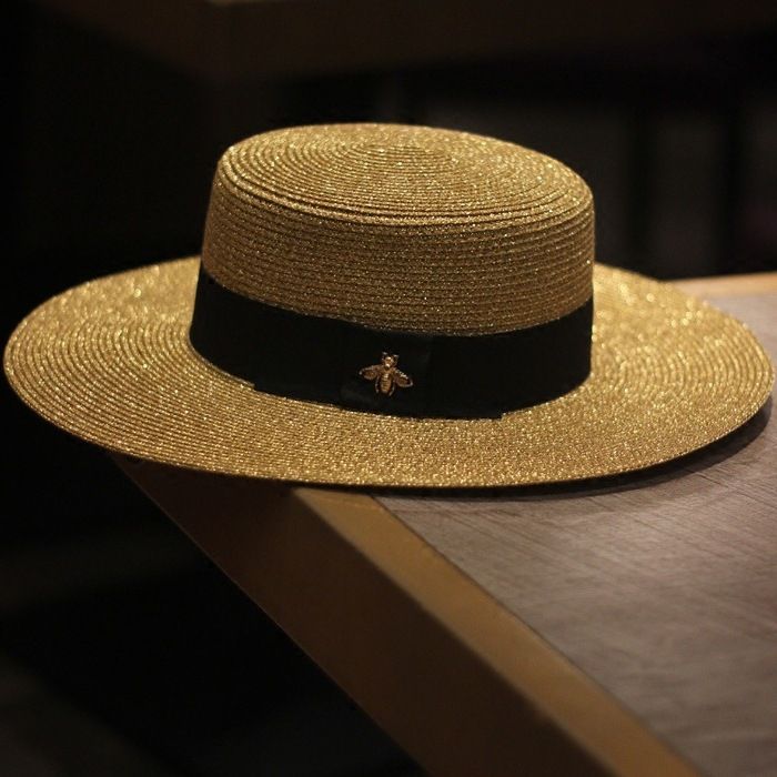Cappello a tesa larga da viaggio con protezione solare, da donna, modello Little Bee, in paglia intrecciata color oro_voghion.com