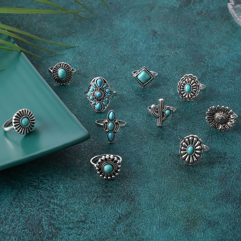 Combination Bohemian Style Alloy Turquoise 10 Piece Ring Set_voghion.com