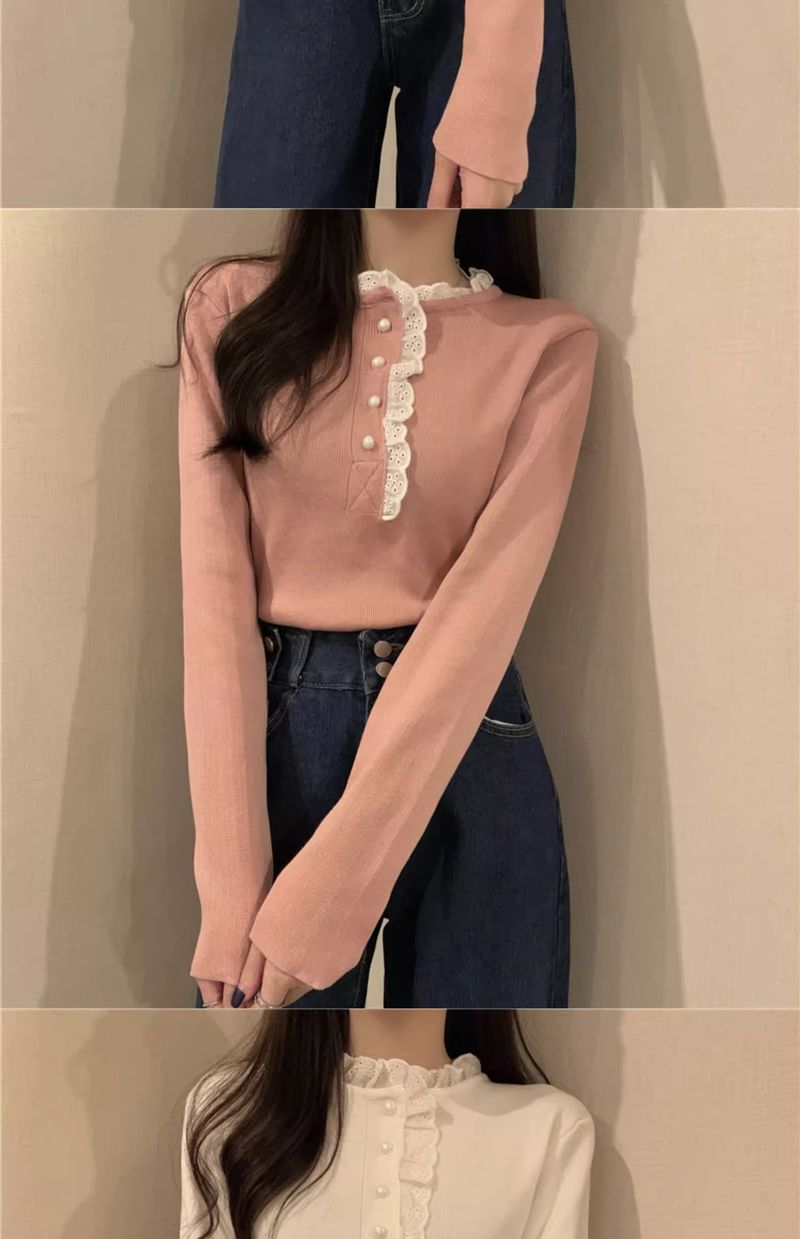 Dolce maglione in stile western con design unico, maglia a maniche lunghe con base in albicocca e pizzo con orecchie di legno, autunno e inverno_voghion.com