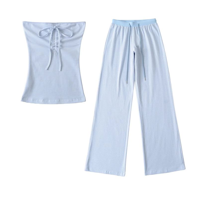 Strapless gestreepte tube trekkoord vest top lage taille gedrapeerde rechte vloerlange broek set_voghion.com