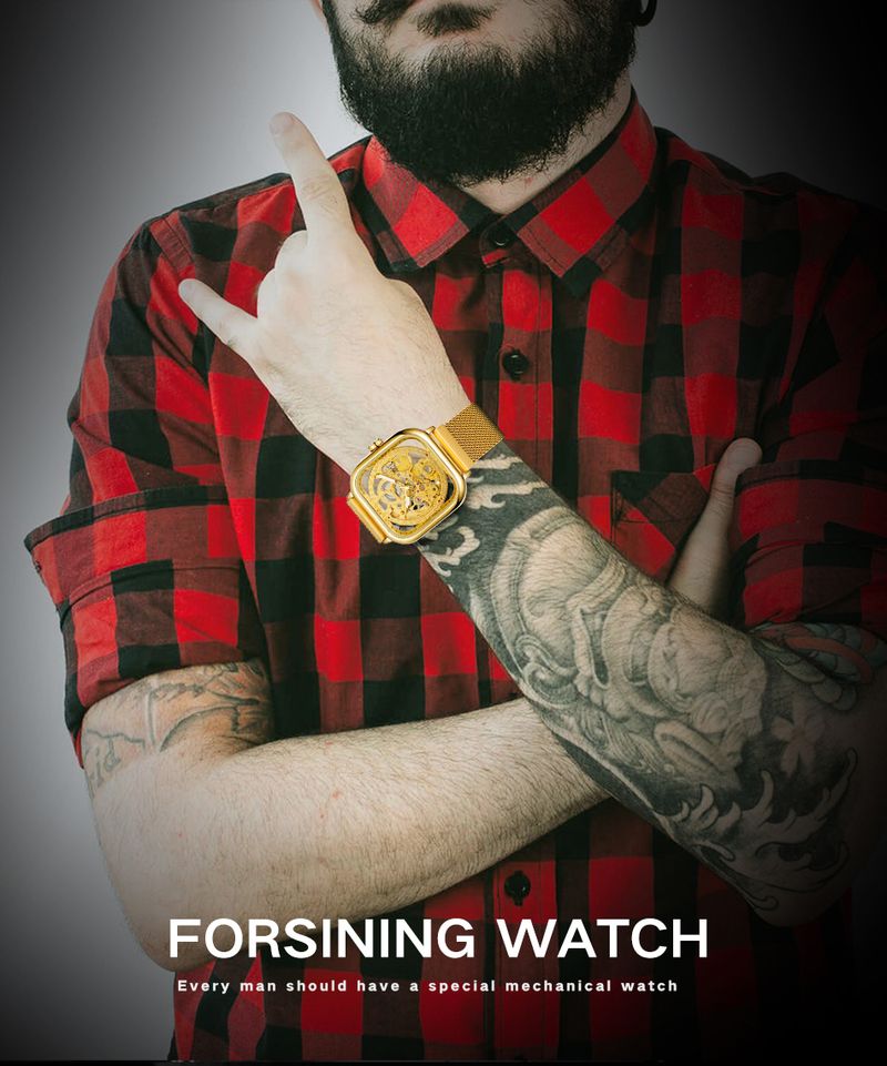 High-end FORSINING Designer Luxury Man Gold Watch Square Steel Skeleton Mechanical Clockwork Elegant Business Male Wrist Watch_voghion.com