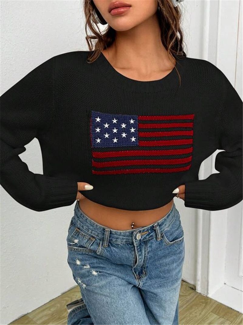 Women's Clothing New Loose Round Neck Flag Pattern Simple Versatile Knitted Sweater_voghion.com