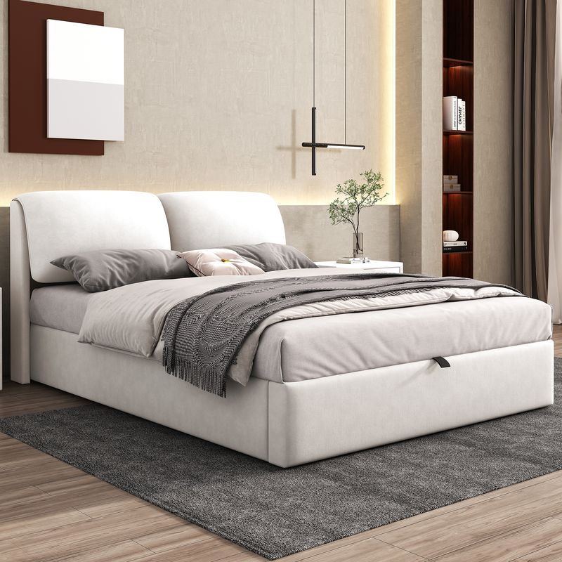 Lit coffre hydraulique 140 x 200 cm, 3 tiroirs, cadre de lit capitonné en velours beige avec sommier à lattes et tête de lit, matelas non inclus._voghion.com