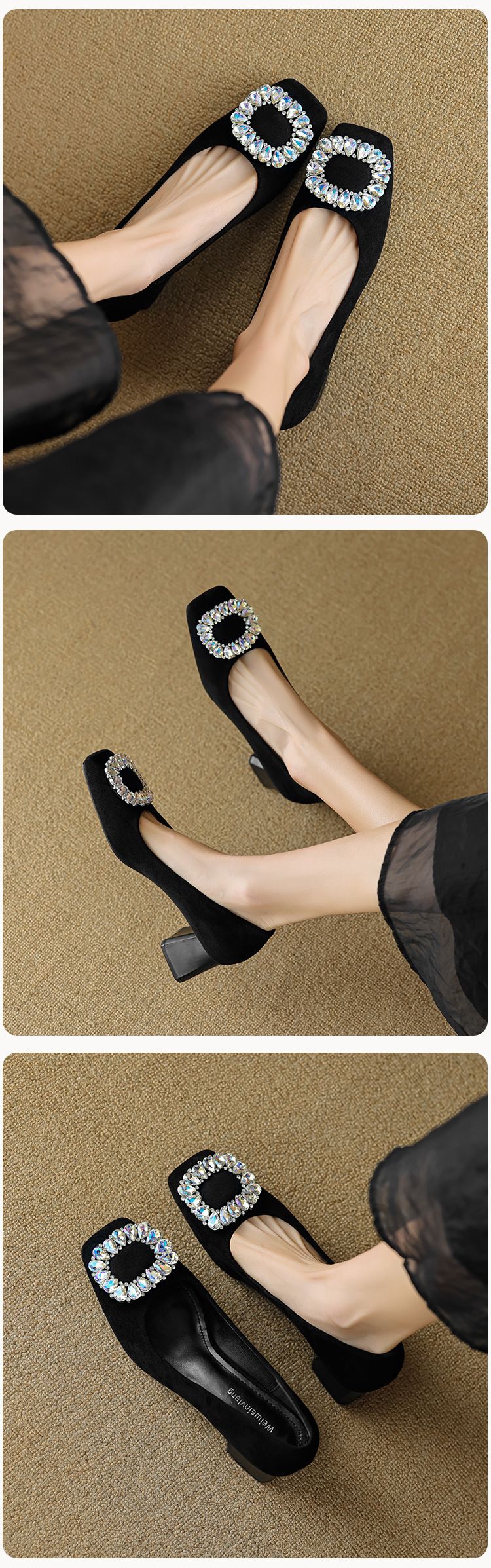 Scarpe con tacco alto francesi da donna, con strass, un pedale, nere, leggere, con tacco spesso, singole, da donna_voghion.com