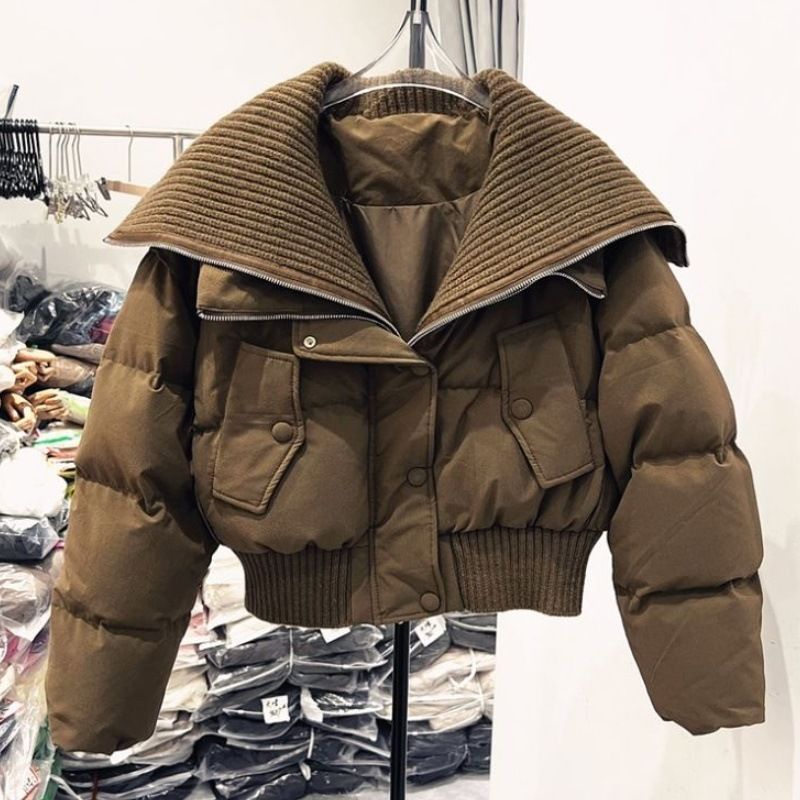 Damenbekleidung neue Baumwolljacke für Damen im Kurzstil mit hoher Taille und großem Revers, modische High-End-Jacke in reiner Farbe, vielseitiger warmer Wintermantel_voghion.com