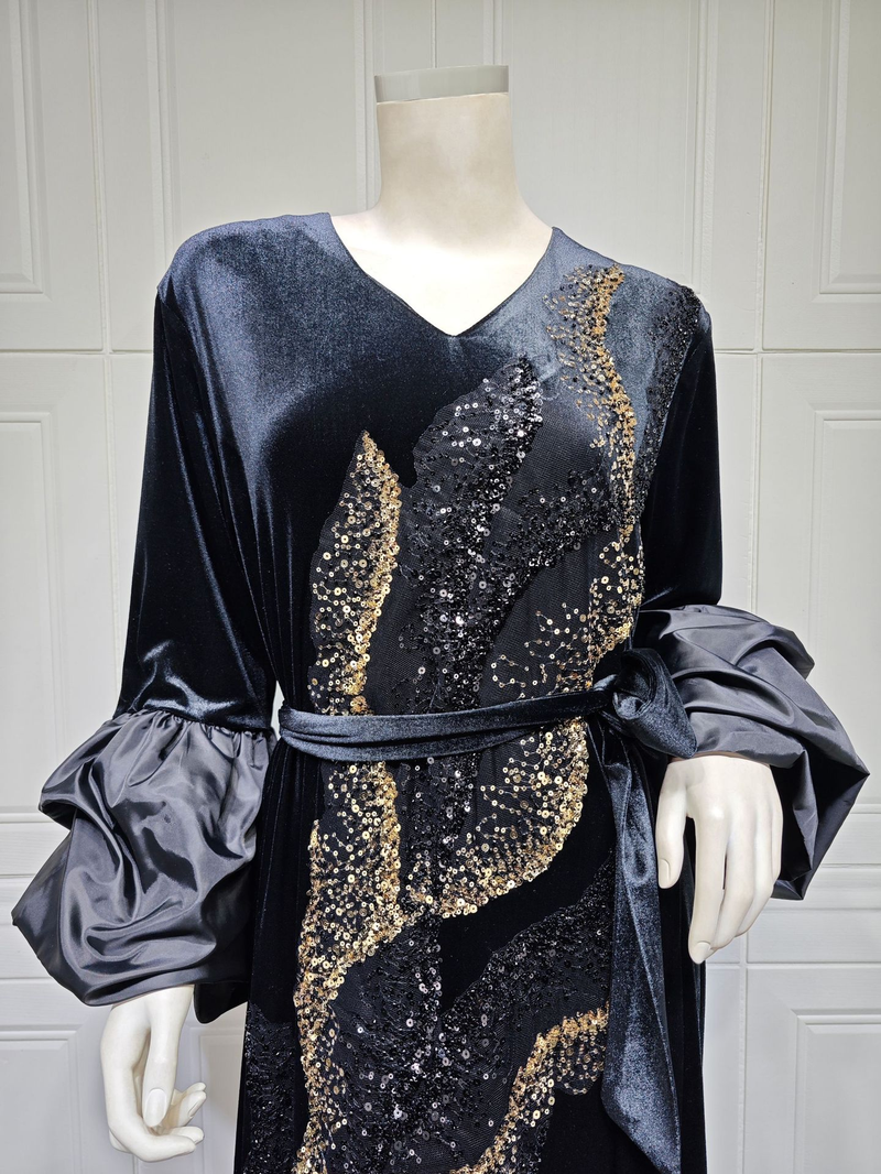 Abito da donna musulmano mediorientale autunno e inverno nuovo stile abito in velluto dorato con maniche a sbuffo ricamate con paillettes tridimensionali_voghion.com