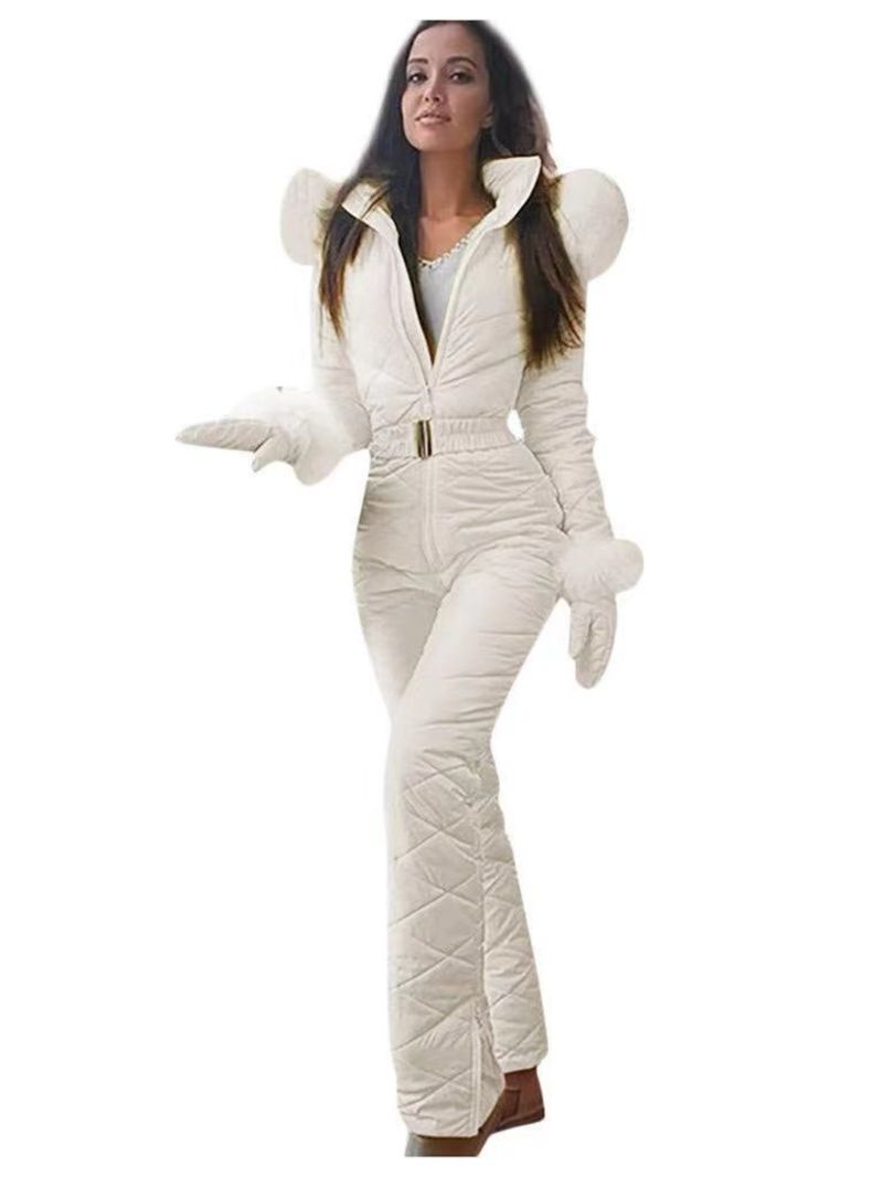 Tuta invernale da donna con cappuccio, calda e adatta agli sport sulla neve, con chiusura frontale con cerniera completa e tasche con cerniera a copertura totale._voghion.com