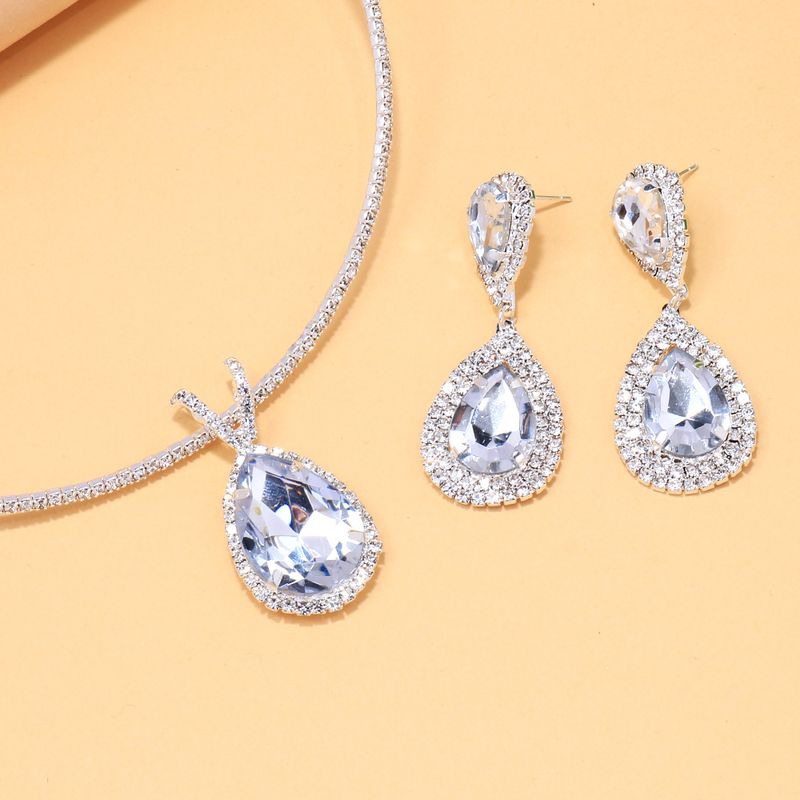 New Water Drop Shape Full Diamond Choker Simple Earrings Bridal Accessories Jewelry Set_voghion.com