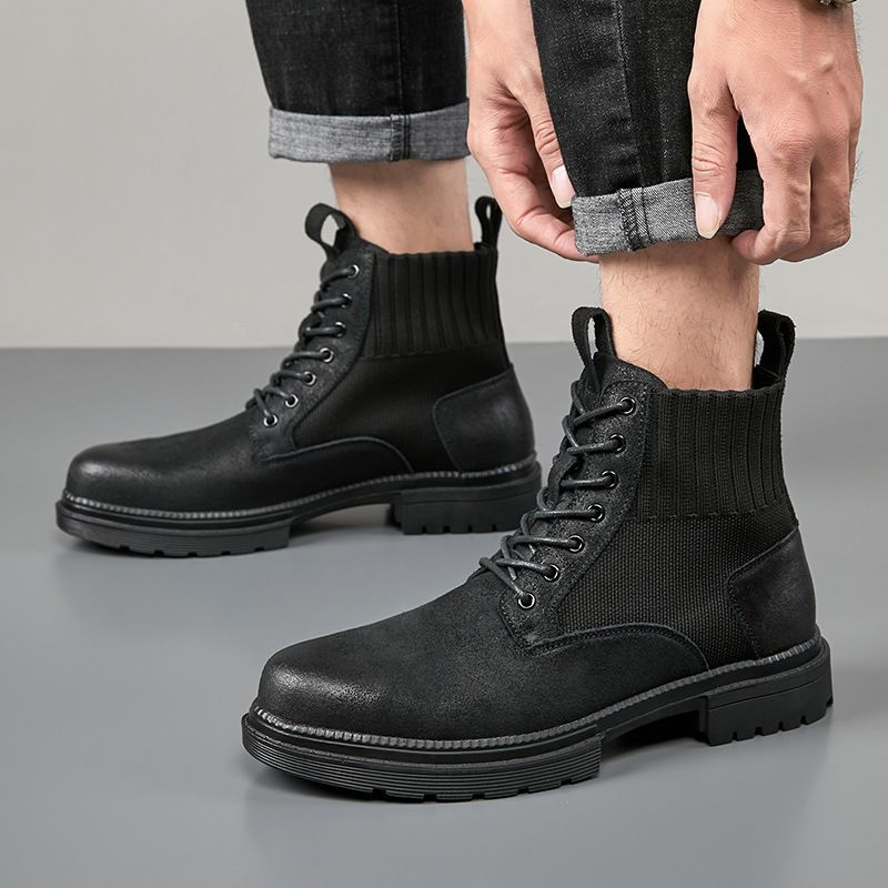 Stivali da trekking da uomo in vera pelle elasticizzata, stile britannico, alla moda, con suola spessa e lacci, modello Martin, alti_voghion.com