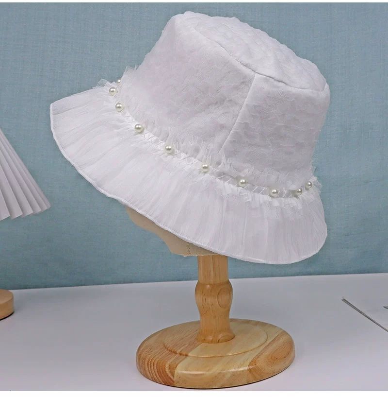 Pearl Mesh Pleated Fungus Edge Hat Women's Wide-brimmed Bucket Hat Outing Basin Hat Summer Breathable Sun Hat_voghion.com