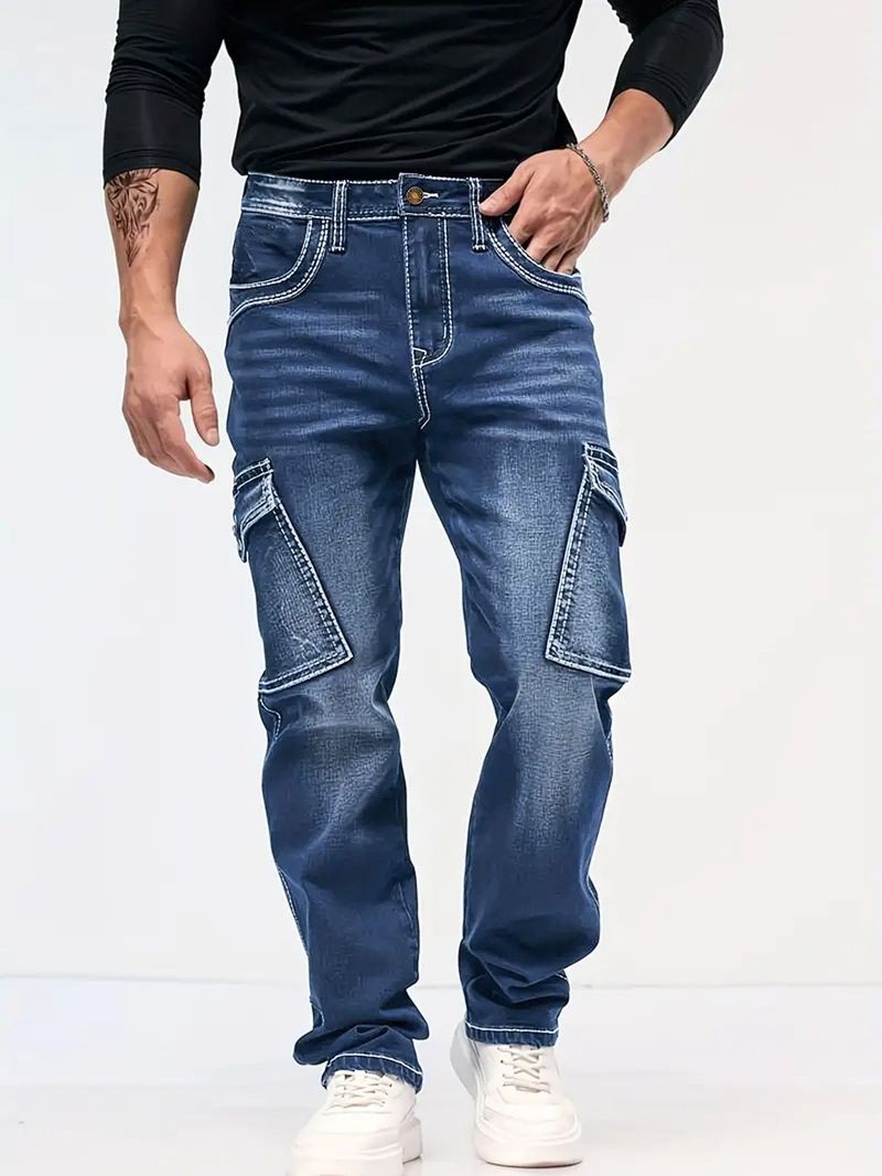 Herrenbekleidung Frühling und Herbst Stil Mode Retro Multi Pocket Wide Version Jeans Standardgröße Nzk Herren Loose Straight Denim Long_voghion.com