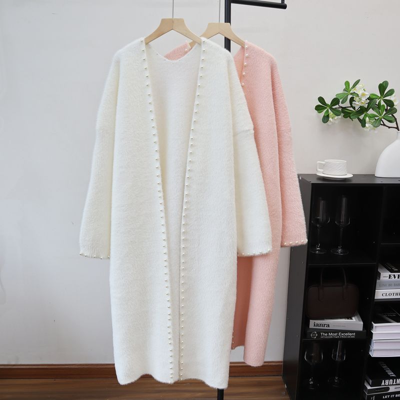 Cárdigan de punto de imitación de chinchilla con cuentas: abrigo extralargo y extragrande (poliéster afelpado, cuello en V, minimalista en blanco, rosa y negro, ideal para el trabajo y la noche)_voghion.com