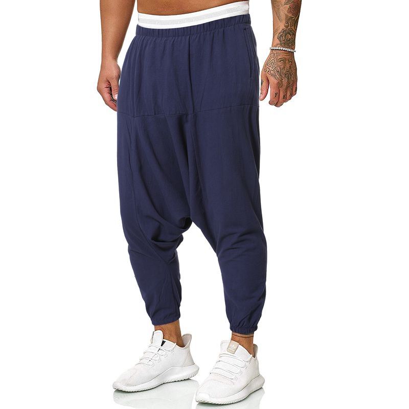 Man's Spring and Autumn fFashion Cotton and Linen Loose Cross-gear Pants Solid Color Beamed Feet Nine-point Pants_voghion.com
