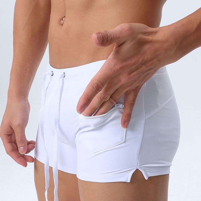 UXH Men's Front Pocket Boxer Swim Trunks Simple Fashion Drawstring Four-corner Swimming Shorts For Men_voghion.com