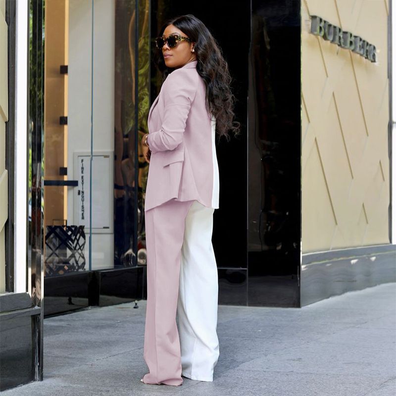 Autumn Winter New Trendy Color Block Simple Style Sleeve Blazer Fashion Casual Long Pants Suit_voghion.com