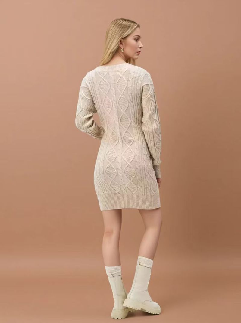 Vestito casual da donna in maglia a trecce, in tinta unita, con scollo a V, di media lunghezza, autunno inverno 2025_voghion.com