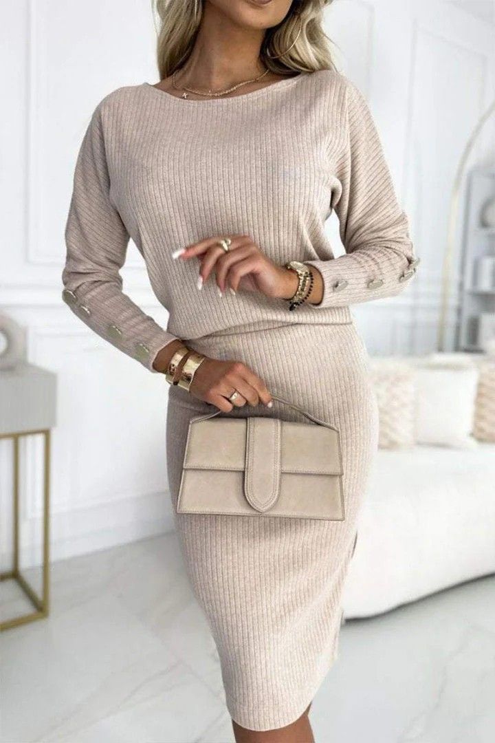 Conjunto de top y falda de cuello redondo con botones - Otoño/Invierno (oro rosa/albaricoque/negro/rojo/oliva, XS-3XL)_voghion.com