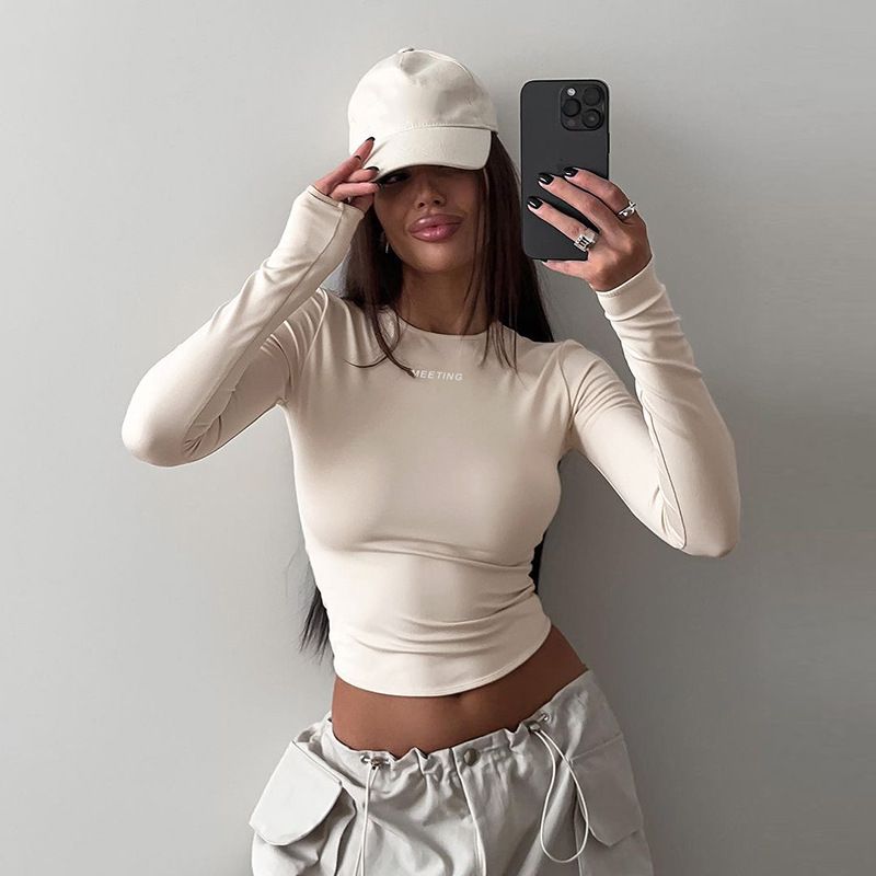 Fashion Women's Autumn New Item Solid Color Round Neck Long Sleeved Letter Printed Tight Fitting Inner Bottom Shirt Top_voghion.com