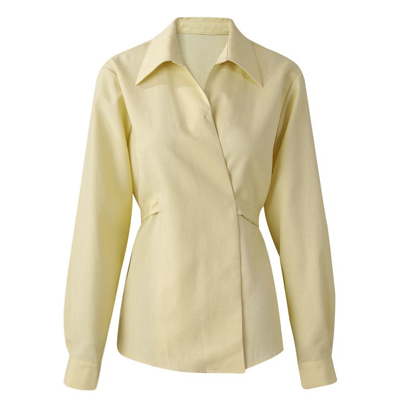 Französisch inspirierte Wickelbluse – Langarmshirt mit V-Ausschnitt und Gürtel (S-L, knitterfreie Poly-Baumwollmischung)_voghion.com
