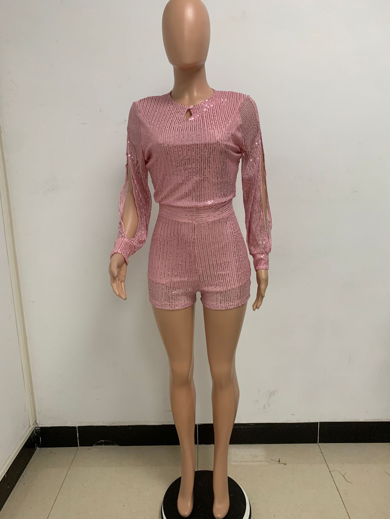 Damkläder jumpsuit mode smal långärmad slits paljettjumpsuit_voghion.com