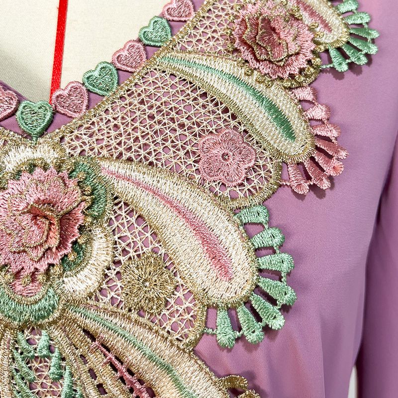 Damenbekleidung Rosa dreidimensionales besticktes langes Retro-Kleid_voghion.com