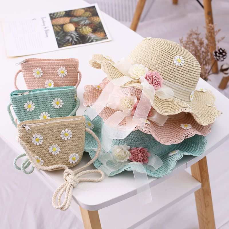 Vendita calda ragazze cappello di paglia per bambini estate spiaggia cappelli pieghevoli set carino berretto floscio misura regolabile con cinturino sotto il mento per 5-10 anni_voghion.com