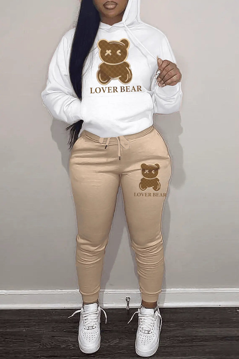 Set di pantaloni della tuta stampati con testa d'orso da donna con cappuccio_voghion.com