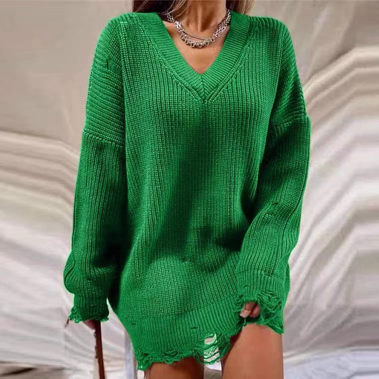 Pull ample à manches longues et col en V pour femme, couleur unie, déchiré, mi-long, épais, aiguille_voghion.com