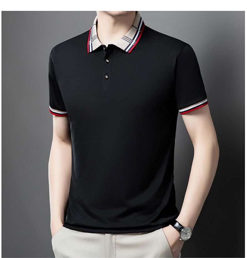 Herrkläder Sommar Herr Kortärmad pikétröja Business Casual Jacquard Lapel T-shirt Ice Silke Andas Casual All Match pikétröja_voghion.com