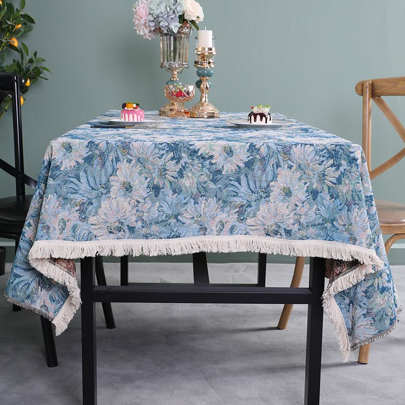 Tischdecke mit Blumenmotiv und Fransen im Ölgemälde-Stil – rutschfeste, hitzebeständige runde und rechteckige Tischdecke aus Polyester für Esszimmer, amerikanischer Vintage-Stil_voghion.com