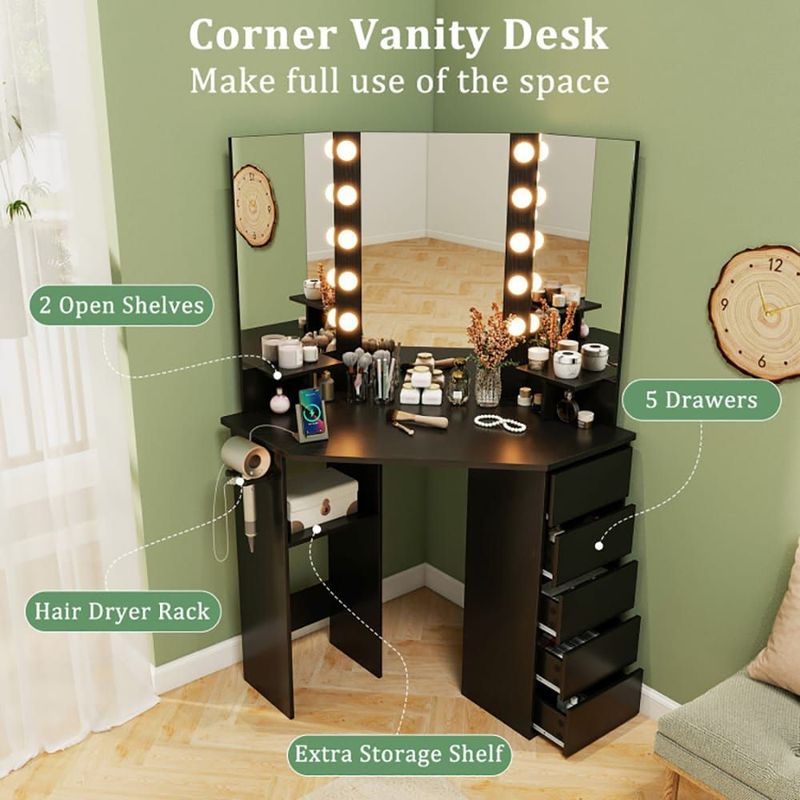 Corner Vanity Desk With 3-Color LED Lighted Mirror And Power Outlet_voghion.com