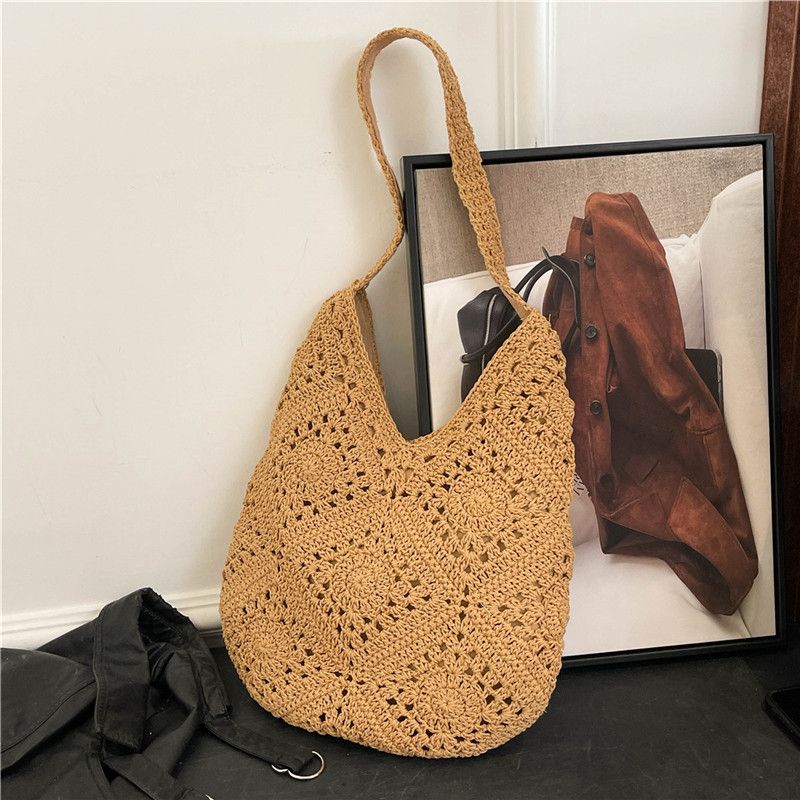 Borsa a tracolla in paglia per donna, grande capacità, stile etnico, borsa tote intrecciata per le vacanze primaverili in spiaggia_voghion.com