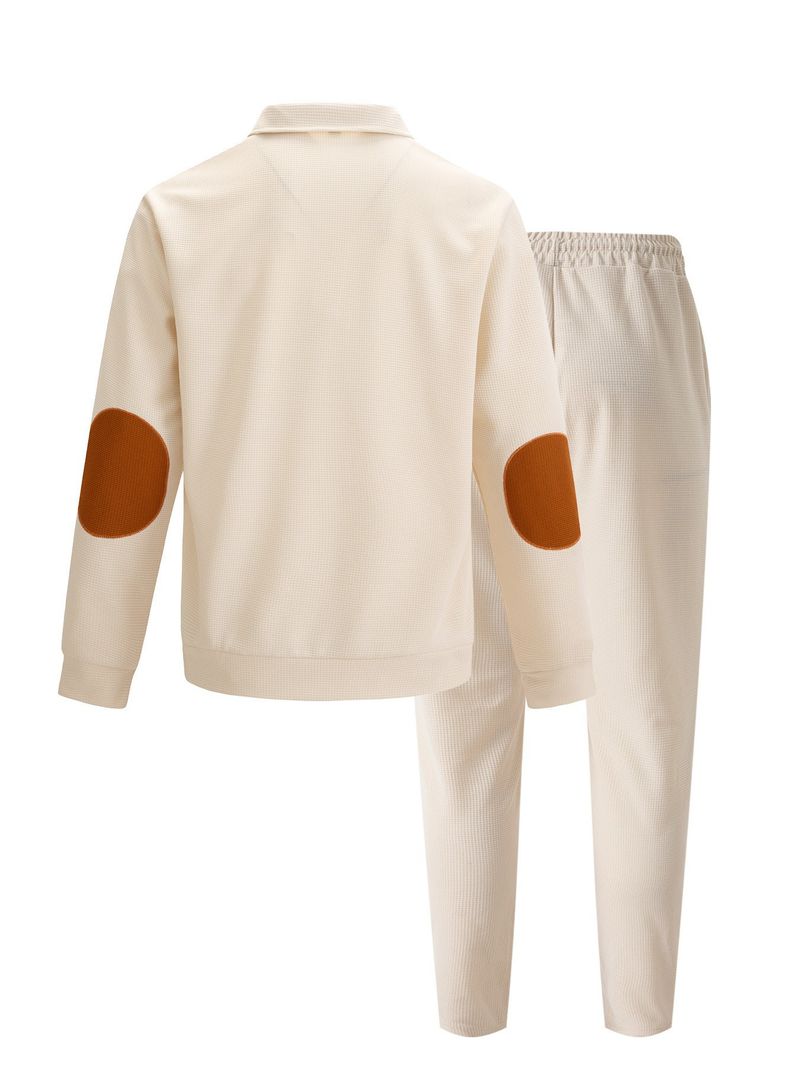Traje de sudadera de manga larga con cuello alto y botones, coderas y pantalones de estilo americano para hombre, otoño_voghion.com