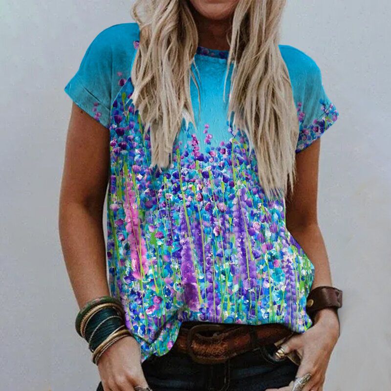 Camiseta feminina com estampa digital 3D e manga curta, gola V, estilo solto, verão 2022_voghion.com