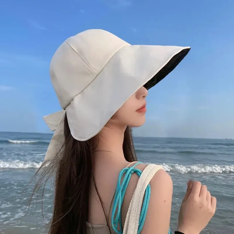 Cappello estivo da donna alla moda per il sole, tesa larga, protezione UV per il collo, cappelli da spiaggia, fiocco, cappelli da pescatore, pieghevoli, coda di cavallo, viaggio, Panama_voghion.com