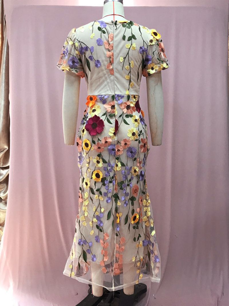 Gonna da donna di media lunghezza con scollo rotondo ricamato a fiori tridimensionali con maniche a sbuffo, leggero e lussuoso_voghion.com