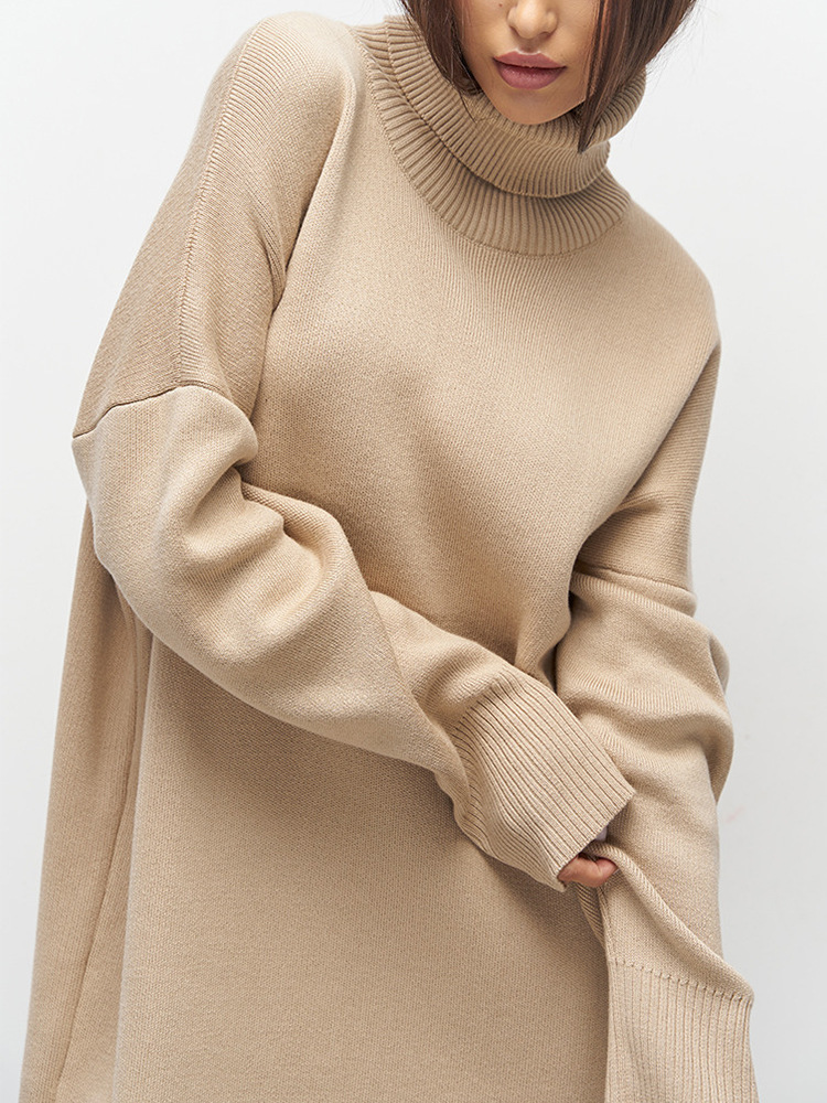Damen-Pullover, mittellang, einfarbig, Rollkragenpullover, lockerer Boden, Grubenfaden, Langarm-Pullover_voghion.com