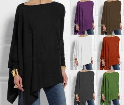 T-shirt pullover casual a maniche lunghe tinta unita irregolare da donna_voghion.com