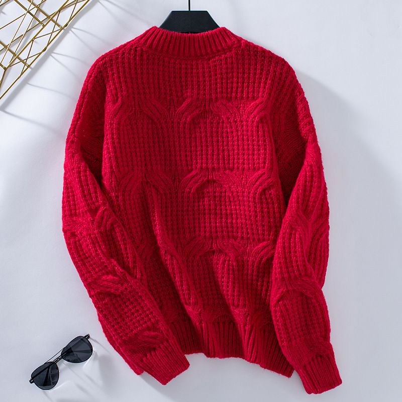 Women's autumn and winter new item solid color pullover twisted flower round neck thick thread sweater for women_voghion.com